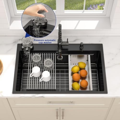 Dcolora 30"x21.2" Matte Black Drop In Kitchen Sink Workstation with Faucet - Image 5