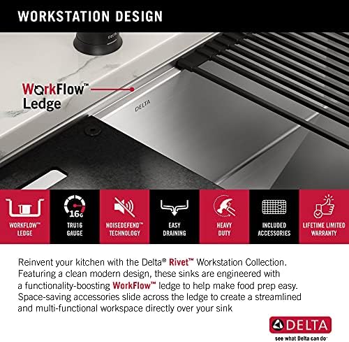 DELTA FAUCET DELTA Rivet 32-Inch Workstation Kitchen Sink Undermount 16 Gauge Stainless Steel Single Bowl with WorkFlow Ledge and Chef’s Kit of 6 Accessories, 95B931-32S-SS - Image 6
