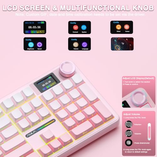 AULA F108 PRO - Wireless Mechanical Keyboard with Screen & Knob,Full Size Keyboard with 8000mAh Battery,Pre-lubed Switches,Side Printed PBT Keycaps,RGB Backlit Hot Swappable Custom Pink Keyboards - Image 3