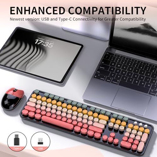 Wireless Keyboard and Mouse, MOFII 104 Round Keycaps Retro Typewriter with OTG & Brush, Full-Size Ergonomic, Ideal for Windows PC, Home, Office and College Rainbow Red - Image 7