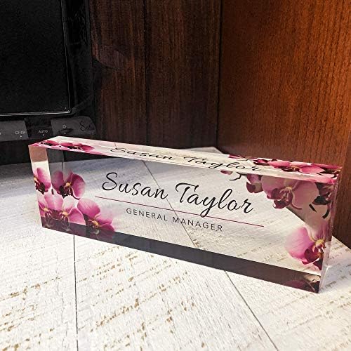 Artblox Custom Desk Name Plate - Orchids Design on Clear Acrylic Glass - Personalized with Your Name and Credentials for Office - Image 2