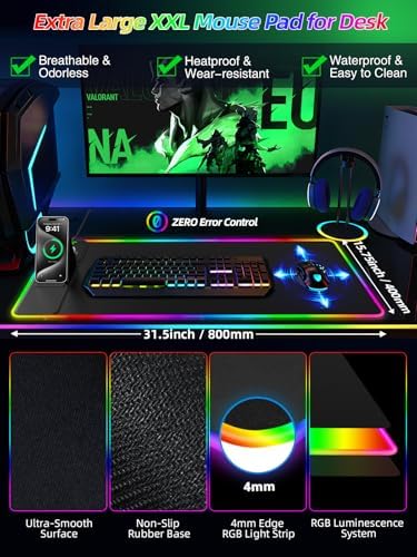 Mouse Pad with Wireless Charger Foldable Phone Holder, XXL RGB Gaming Mousepad 31.5"x15.8" Large Desk Mat for Keyboard, Black Desk Pad with Dual Qi Charging Station, 11 Colors 5 Modes - Image 5