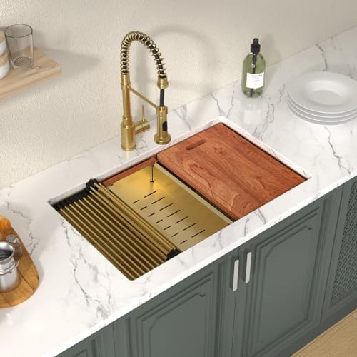 Lordear 28 Undermount Kitchen Sink Gold Stainless Steel 16 Gauge Under Counter Workstation Sink Single Bowl 304 Stainless Steel One Basin Handmade Sinks - Image 2