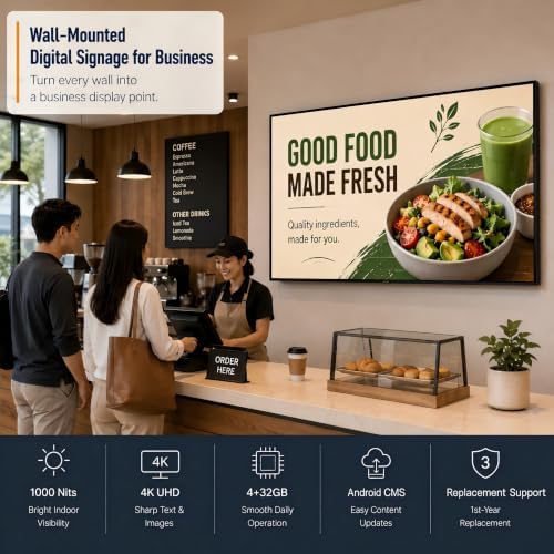32" Wall-Mounted Digital Signage Display, 4K Menu Board - Image 2