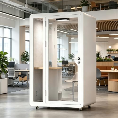 Soundproof Office Pod Booth, Quiet Meeting Pod with LED Lighting & Acoustic Panels, USB Ports, Portable Removable Telephone Booth for Private Phone Calling Reading Study(White,150cm) by Unknown