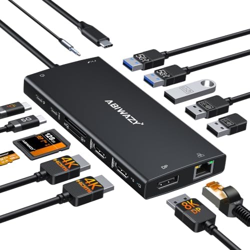 Docking Station Dual Monitor, 15 in 1 USB C Docking Station 3 Monitors by ABIWAZY