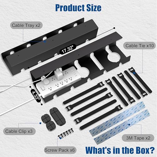 2 Pack 17" Under Desk Cable Management Tray, Metal Wire Management Standing Desk Cord Organizer Power Strip Holder with Cable Ties and Clips for Home Office, Black - Image 3