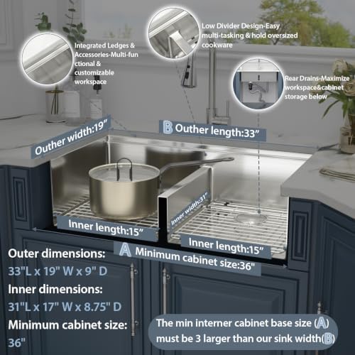 33 Double Bowl Kitchen Sink Undermount Stainless Steel Low Divide - Image 6