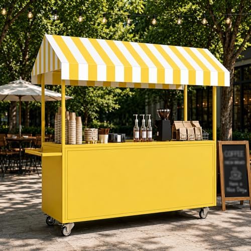 Portable Vendor Cart with Lockable Canopy and Wheels, Large Mobile Food Display Stand for Outdoor Markets & Events, Sturdy Metal Snack Kiosk with 360° Swivel Casters (Yellow, 39x23.6x78.7in) by Unknown