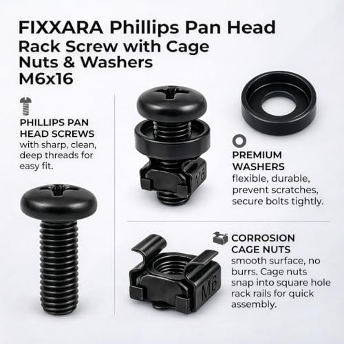 M6x16 Rack Mount Screws, Steel Cage Nuts & Nylon Washers, 50-Pack - Image 3