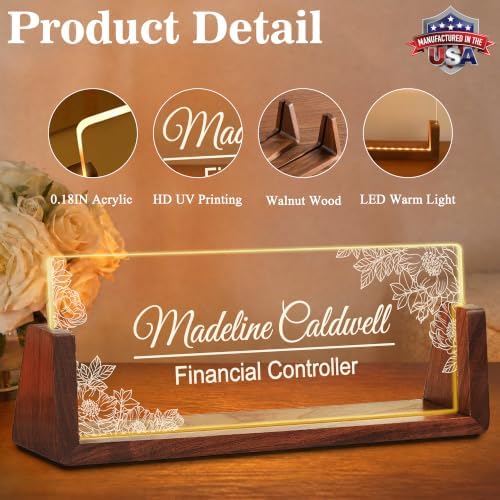 Custom Name Plate for Desk with LED Walnut Frame, Office Desk Decor - Image 2