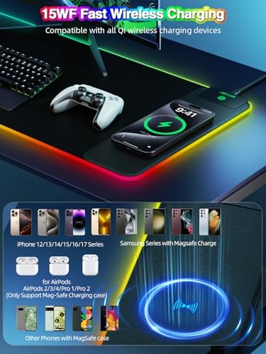 Wireless Charging Mouse Pad, 31.5"x11.81" XL Gaming Mousepad with 11 RGB Colors & 5 Lighting Modes, Home Office Large Desk Pad, Ultra-Smooth Surface, Non-Slip, Waterproof Keyboard Pad Black Desk Mat - Image 4