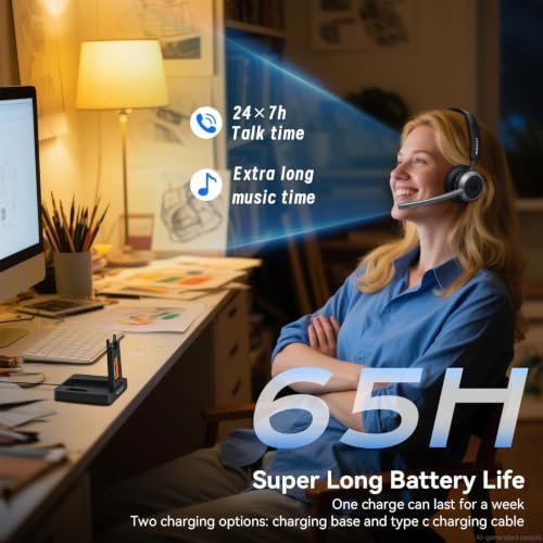 Wireless Headset with Mic for Work, Wireless Headphones with Mic(Noise Cancelling & Mute Button),65H Battery with Charge Base Bluetooth Headset with Microphone for PC/Call Center/Computer/Teams/Zooms - Image 4