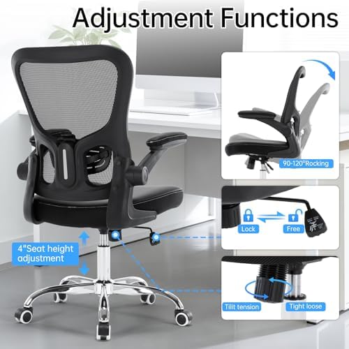 Ergonomic Office Chair, Adjustable PU Leather Computer Desk Chair with Lumbar Support, Flip-Up Arms, Breathable Mesh Back, 360° Swivel Rolling Executive Chair for Home Office, Black - Image 7