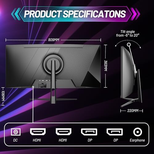 34 Inch Ultrawide Curved Gaming Monitor - WQHD 3440x1440p, 165Hz, 120% sRGB, FreeSync, VESA Mountable (DP&HDMI Cable Incl.) - Immersive PC Monitor for Gamers & Professionals, Black - Image 6