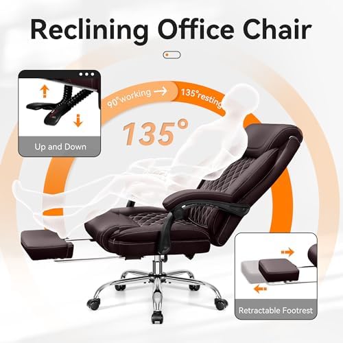 Office Chair, Executive Leather Office Chairs with Rocking Function, Big and Tall Ergonomic Computer Chair with Lumbar Support Flip-Up Armrests, Comfortable Gaming Chairs for Home Ofiice - Image 5