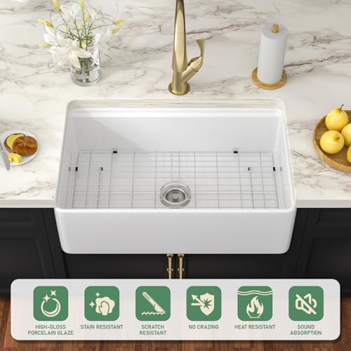 White Farmhouse Sink Workstation 33 Inch White Apron Front Fireclay Farm Sink Round Corner Apron Ceramic Single Bowl Sink Large Deep Farm Kitchen Sinks with Luxury Accessories, 33" x 20" x10" - Image 3