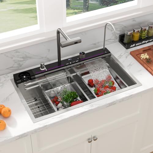 Sarlai 30 Inch Waterfall Kitchen Sink - 30x19 Inch Drop In Workstation Sink With Waterfall Stainless Steel 16 Gauge Multifunction Single Bowl Top Mount Kitchen Sinks with HoneyComb Finish - Image 4
