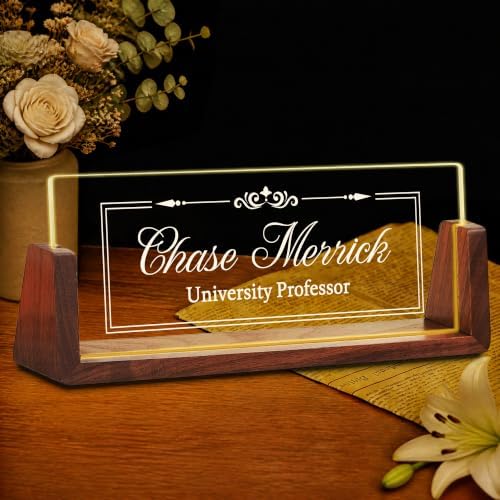Custom Name Plate for Desk with LED Walnut Frame, Office Desk Decor by Unknown