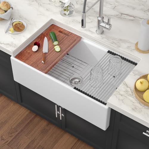 White Fireclay Farmhouse Sink Workstation - Couoko 33 Inch White Apron Front Fireclay Farm Sink Large Deep Ceramic Single Bowl Farmhouse Kitchen Sinks with Luxury Accessories, 33" x 20" x10" - Image 2