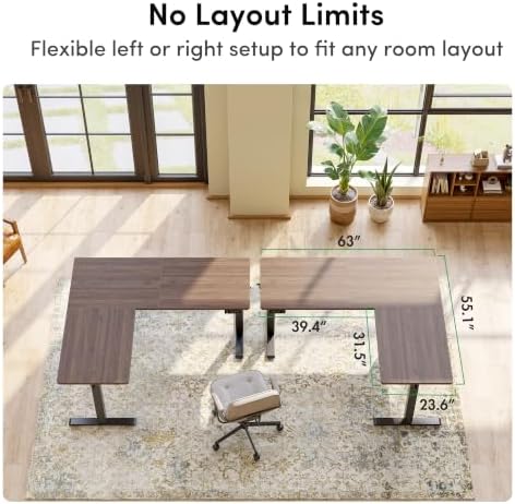 FEZIBO 63" x 55" L-Shaped Standing Desk - Adjustable Corner Desk L Shape, L-Shaped Adjustable Desk with Splice Board, L Shape Standing Desk, Black Walnut - Image 3
