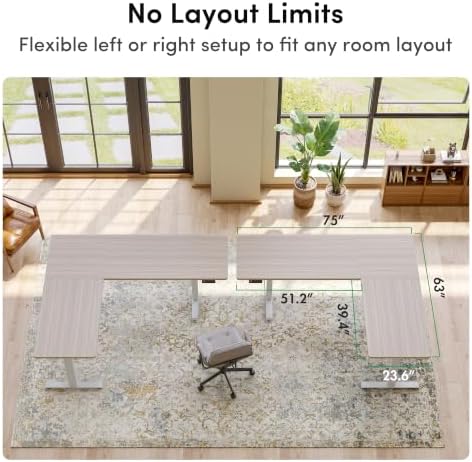 FEZIBO 75" x 63"L Shaped Standing Desk Adjustable Height, Electric Stand up Corner Computer Desk, Sit Stand Home Office Desk with Splice Board, Light Walnut Top/White Frame - Image 3