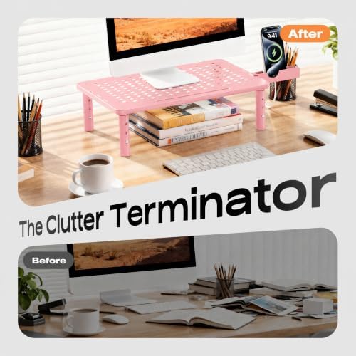 Computer Monitor Stand Riser for Desk, 3 Height Adjustable PC Laptop TV Desktop Monitor Stand Shelf, Metal Printer Table with Phone Holder, Stand Riser for Desk, Office Desk Organizers and Accessories, Pink 2 Pack - Image 5