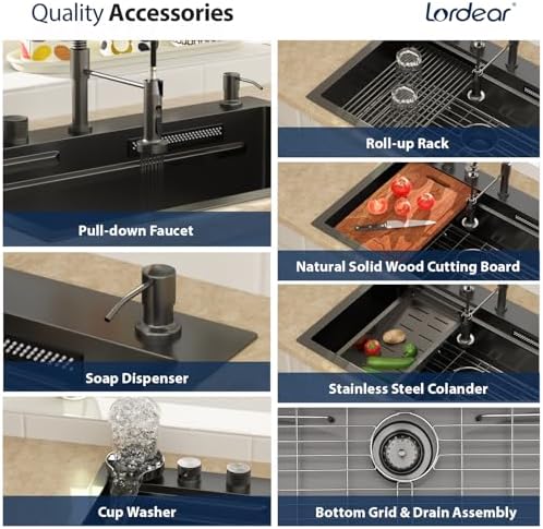 Lordear 33 Drop In Kitchen Sink with Faucet 33x22 Inch Black Waterfall Kitchen Sinks Topmount Stainless Steel 16 Gauge Single Bowl Workstation Kitchen Sink With Faucet Combo - Image 6