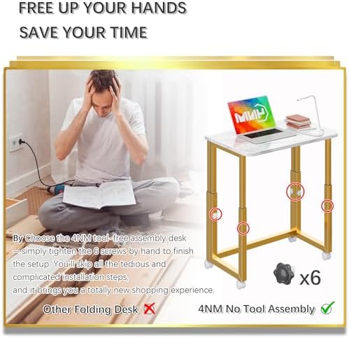 4NM No Tool Assembly 27.5" Small Desk, Folding Portable Desk with Wheels, Foldable Computer Home Office Desks, Collapsible Study Writing Table for Space Saving Bedroom - White Gold - Image 5