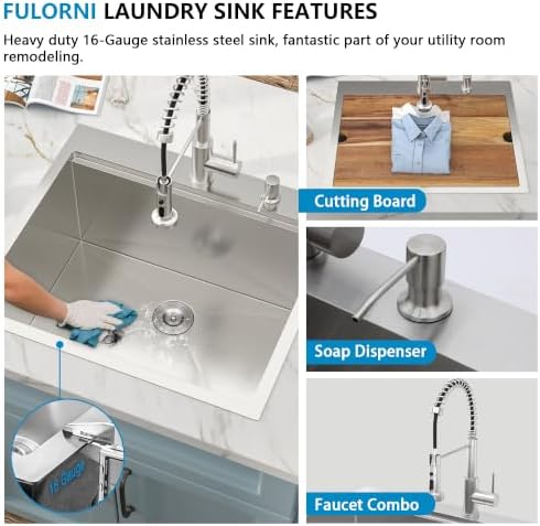 25" x 22" Drop In Workstation Laundry Utility Sink with Faucet - Image 6