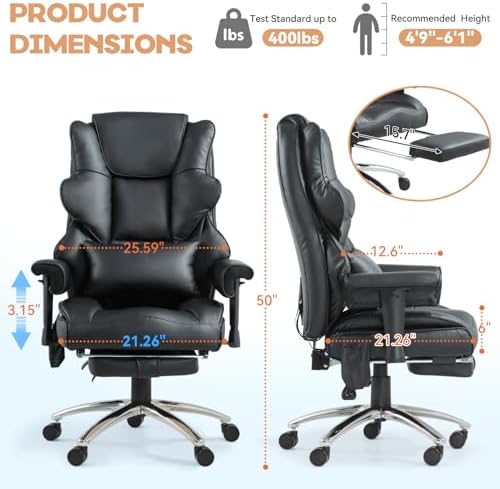 Vibration Massage Heated Office Desk Chair with Foot Rest, Black - Image 3
