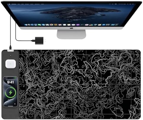 Mouse Pad with Wireless Charging, Large Desk Mat, Black Topographic Map #3 by TopmadeProduct-Ordernow