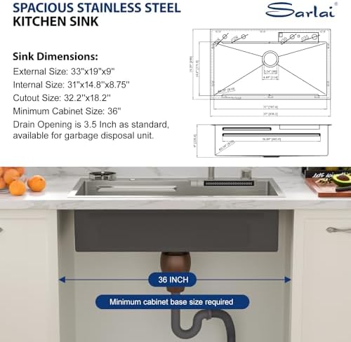 Sarlai Waterfall Kitchen Sink - 33 Inch Drop In Workstation Sink With Waterfall Stainless Steel 16 Gauge Multifunction Single Bowl Smart Top Mount Kitchen Sinks with Mechanical Keys 33x19x9 Inch - Image 7