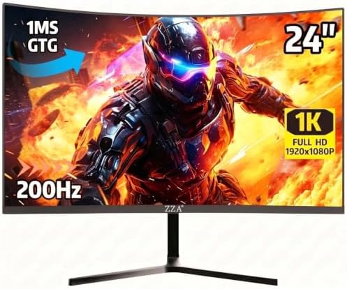ZZA 24" Curved Gaming Monitor,FHD 1080p 200Hz,1ms MPRT, AMD FreeSync,VA 2800R,HDMI 2.0 & DisplayPort 1.4, VESA Mount, Frameless, Eye Care, for Home Office, Dorm &Gaming &Dual Screen Setup,PS5,Xbox by ZZA
