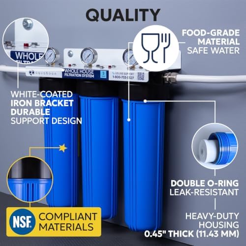 Aquaboon 3-Stage Whole House Water Filter System with 20x4.5 CTO & Sediment Filters, Against Sediment & Chlorine | w/Wrench, Bracket, Gauge & Release - Image 3