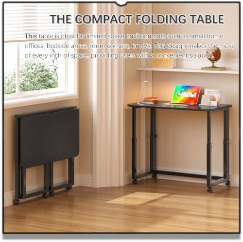 4NM No Tool Assembly 31.5" Small Desk, Folding Portable Desk with Wheels, Foldable Computer Home Office Desks, Collapsible Study Writing Table for Space Saving Bedroom - All Black - Image 3