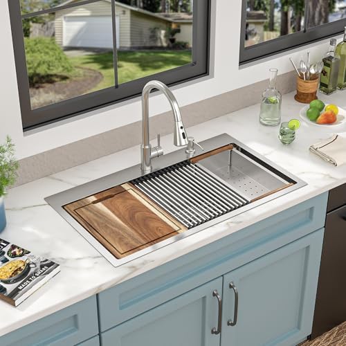 33 Kitchen Sink Drop In - Fulorni 33"x19" Ledge Workstation Top Mount 16 Gauge 304 Stainless Steel Over Mount Single Bowl Sink Basin with Faucet, Soap Dispenser - Image 2