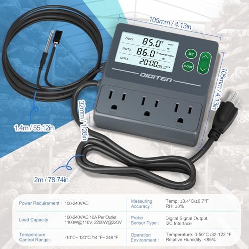 DIGITEN Temperature and Humidity Controller with Timer,3 Outlet Dual Probes - Image 3