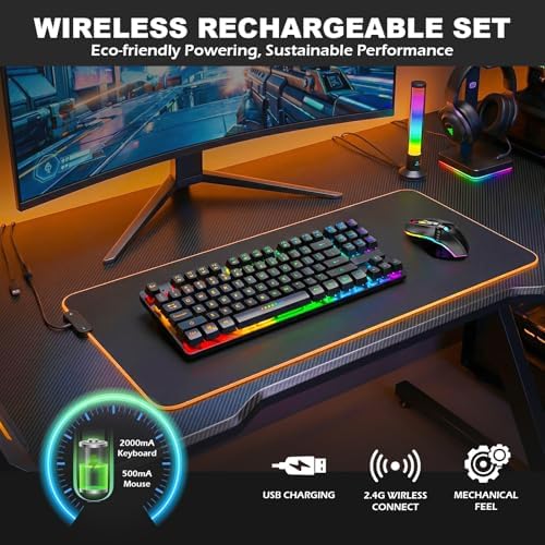 Wireless Gaming Keyboard and Mouse Combo, LED Backlit Rechargeable Battery, Ultra Compact Mechanical Feel Keyboard, RGB Mice for PC Gamer, Business Office, Durable Ergonomic, Wide Compatibility, Black - Image 2