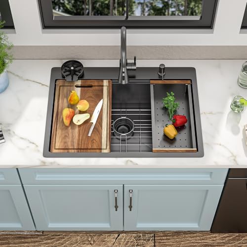 30"x22" Drop In Kitchen Sink Ledge Workstation – Gunmetal Black NANO-PVD, 16 Gauge 304 Stainless Steel Top Mount Single Bowl Sink Basin with Faucet Combo & Glass Rinser - Image 4