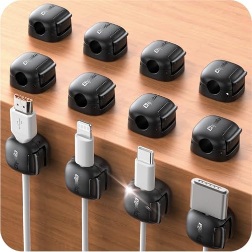 12Pack Cord Organizer - Chfeila [Dual Spring & Clasp Lock] Cable Management Clips, Adhesive Phone Charger Keeper, Compact Wire Holder for Nightstand/Car, Home Office Desk Accessories Decor Essentials by Chfeila