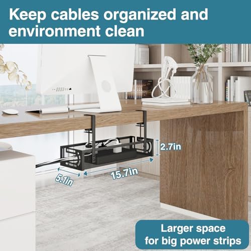 No Drill Under Desk Cable Management Tray, SONATURE 15.7" Cord Organizer for Table, Clamp Mount Desk Cable Management, Premium Carbon Steel Cable Organizer for Office, Home (Black) - Image 3
