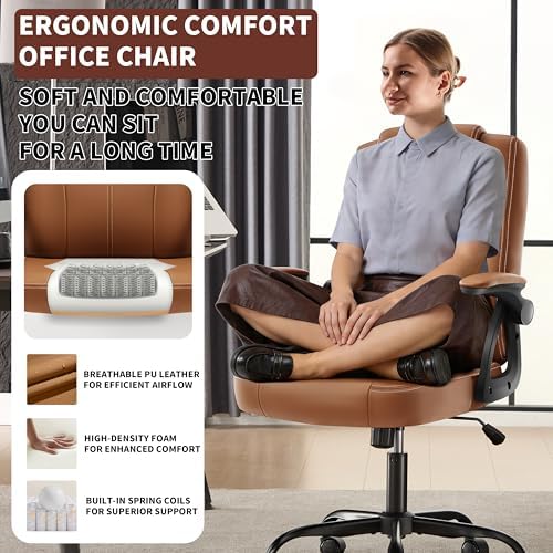 Office Desk Chair, PU Leather Computer Chairs with Padded Flip-Up Arms - Image 4