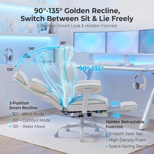 Big and Tall Gaming Office Chair 400lbs - Heavy Duty Ergonomic Computer Desk Chair with Footrest, Adjustable Armrests, High Back PU Leather with Racing Style （White/Blue） - Image 3
