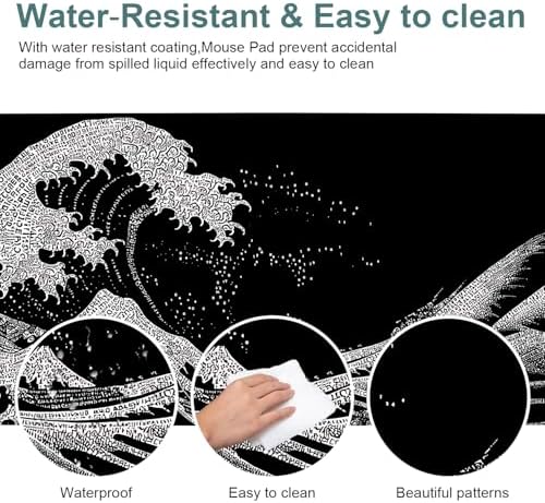 Black Waves Gaming Mouse Pad 35.4"x15.7" Large Extended Pad Desk Mat Anti-Slip Rubber Base & Durable Stitched Edges for Gamers Smooth Mouse Pad Writing Surface for Desk Office/Home - Image 5
