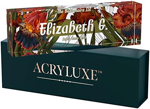 Desk Name Plate Personalized, Custom Name Plates, 2½/x8 Inches, Thick Crystal-Clear Acrylic, Gift Box, Office Desk Decor. USA Made by ACRYLUXE (Iris) by MySignCenter