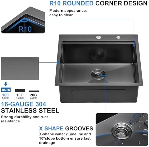 25 Black Drop in Workstation Kitchen Sink, Scamall 25x22x10 In Black Stainless Steel Kitchen Sink with Workstation 16 Gauge Topmount Sink Single Bowl 10 Deep with Accessories - Image 3