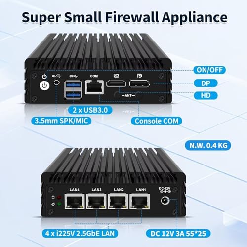 Firewall Mini PC J3710 Quad Core, 4 x i225V 2.5GbE LAN Fanless OPNsense Appliance, Barebone, Micro Router Computer Hardware, AES-NI, HD+DP Dual Display, Console, 2USB3.0, SPK/MIC - Image 3