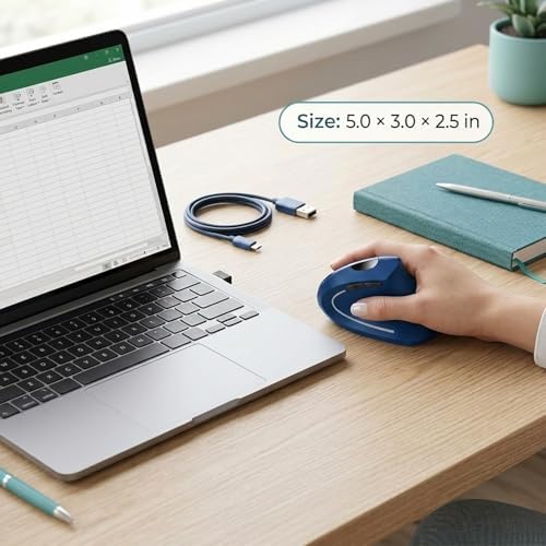 Ergonomic Vertical Wireless Mouse, 2.4G Optical Mouse with USB Receiver, 800-1600 DPI, Silent Click, Battery Powered, 5 Buttons, Stylish Comfortable Mouse for Laptop, PC, Mac, Computer (Blue) - Image 2