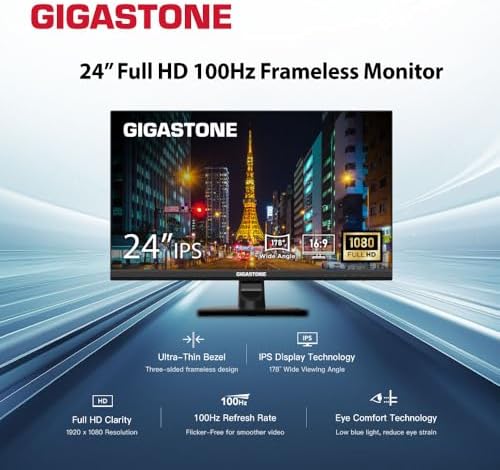 Gigastone 24 inch IPS LED Back Light Monitor 2-Pack 100Hz FHD 1920 x 1080,178°WideView,Frameless, Dual Monitor, MPRT 1ms, Built-in Speakers, Eye Care Technology, Ergonomic Tilt VESA Mount, HDMI VGA - Image 2